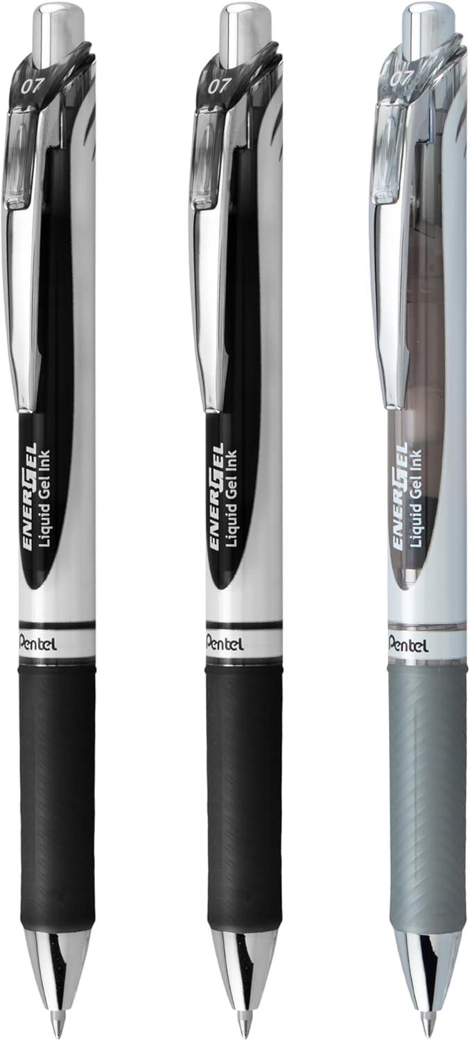 image:imagePentel EnerGel RTX Retractable Liquid Gel Pen 07mm Scholar Hue 2 Black and 1 Gray Ink Pack of 3 Pens BL77LEFBP3MScholar