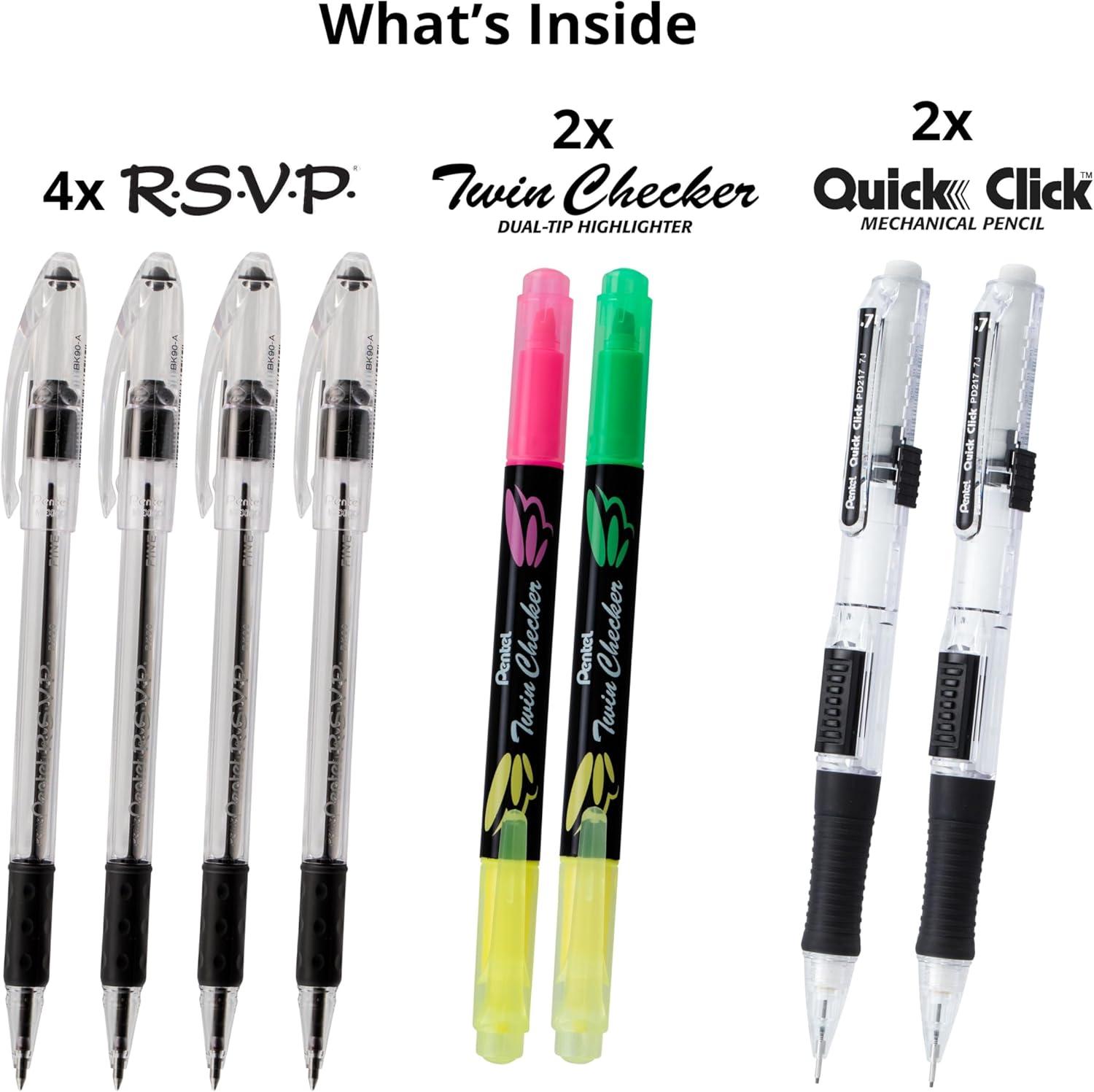 image:imagePentel Note Taking Essentials 8 pack 4 black RSVP 07mm ballpoint pens 2 Twin Checker Highlighters 2 Quick Click 07mm Mechanical Pencils