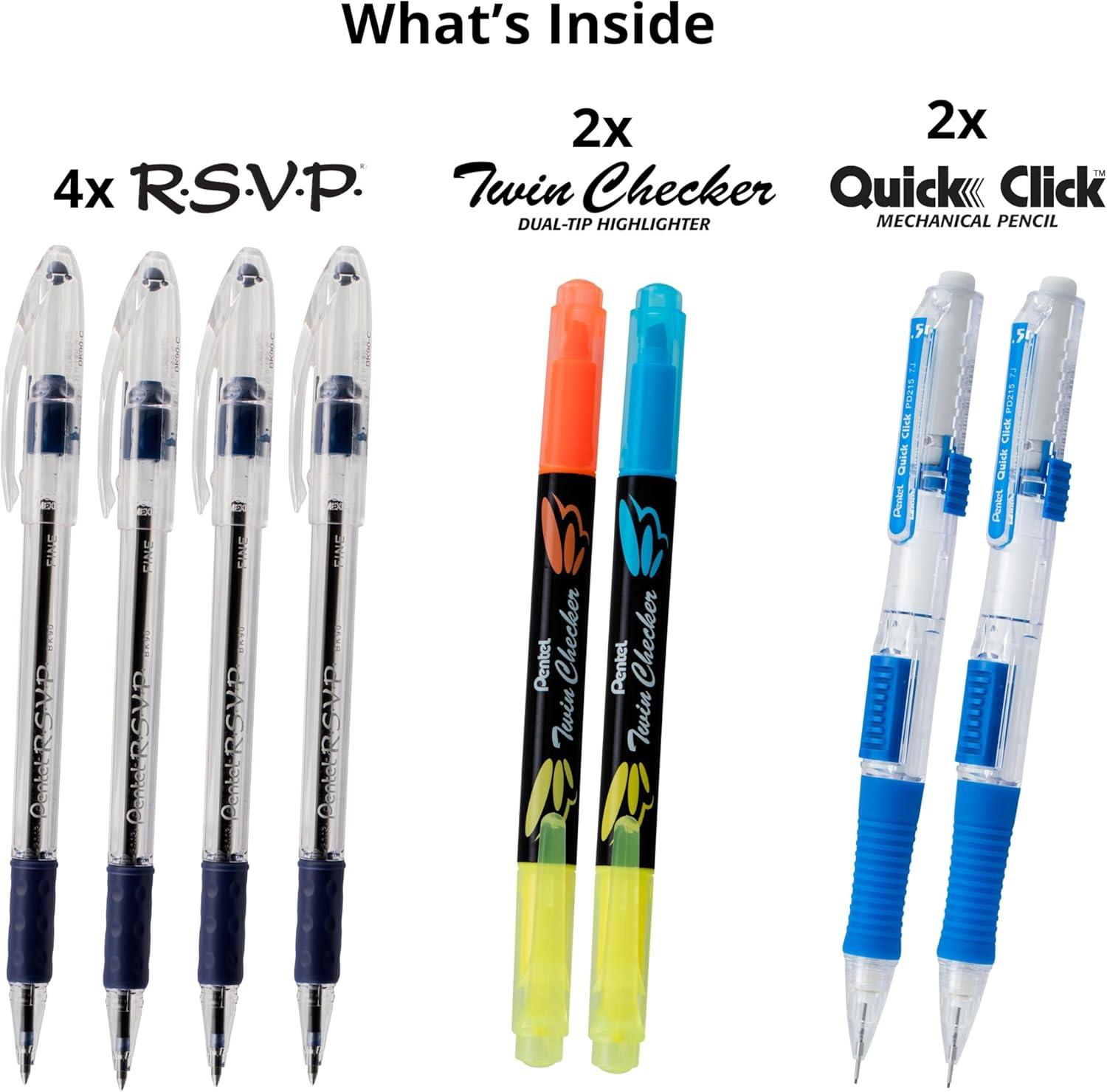 image:imagePentel Note Taking Essentials 8 pack 4 blue RSVP 07mm ballpoint pens 2 Twin Checker Highlighters 2 Quick Click 05mm Mechanical Pencils