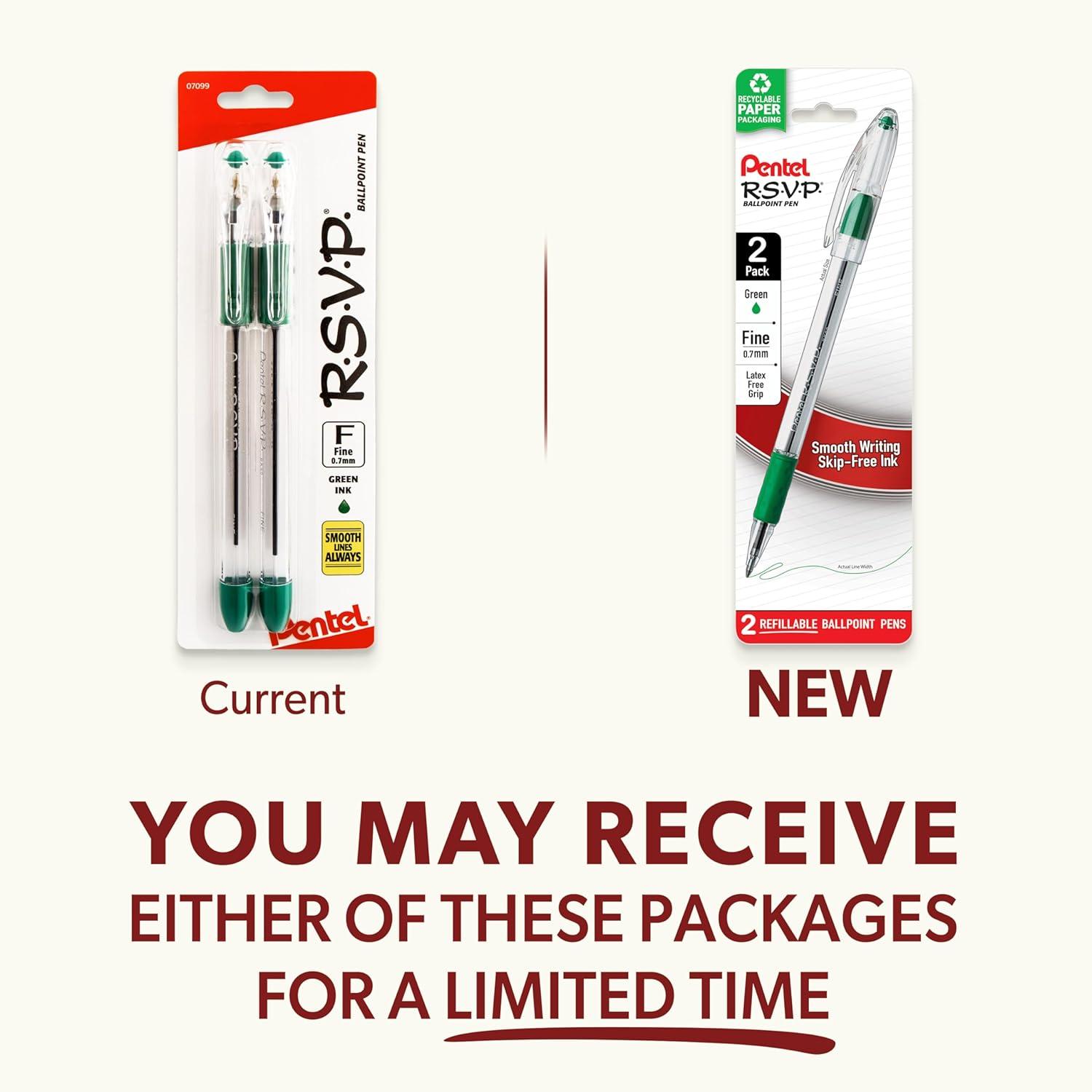 image:imagePentel RSVP Ballpoint Pen Fine Line Blue Ink BK90BP2C Pack of 1 2 Count TotalGreen