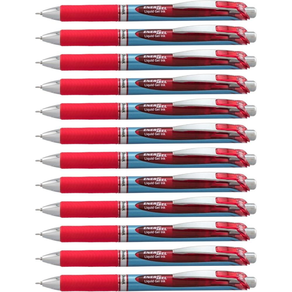 image:imagePentel EnerGel Deluxe RTX Retractable Liquid Gel Pens Fine Point 05 mm 54 Recycled Blue Barrel Black Ink Pack Of 12 PensRed