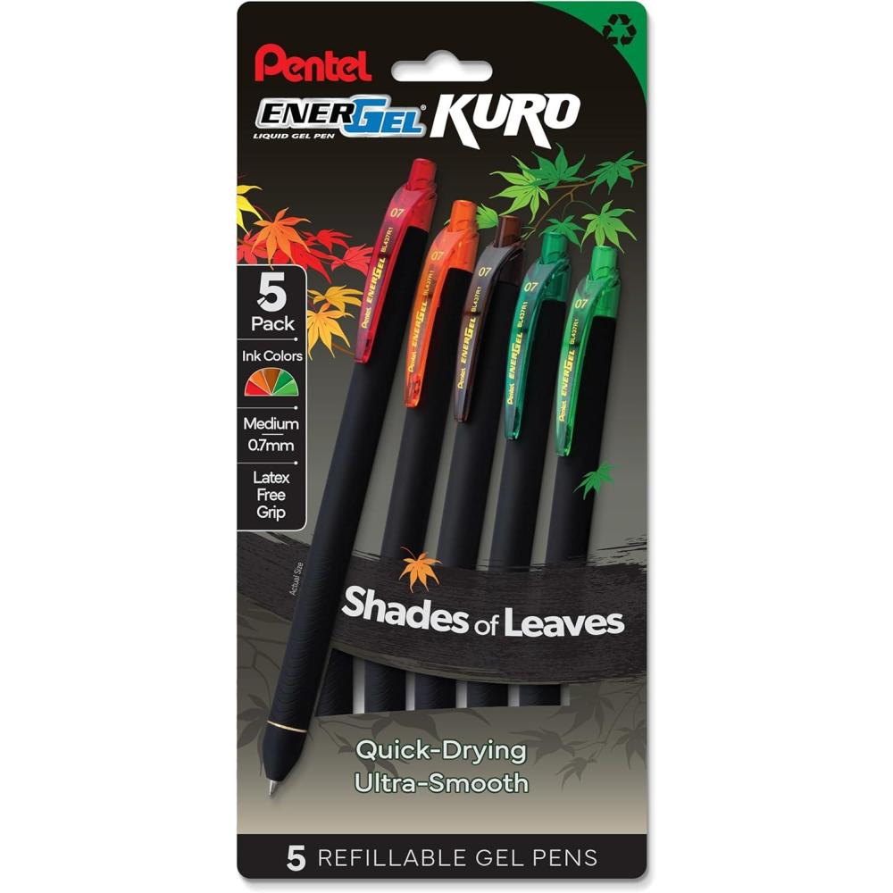 image:imagePentel EnerGel Kuro Shades of Leaves Retractable Liquid Gel Pen Assorted Ink Colors Pack of 5 BL437LVSPF5Shades of Leaves
