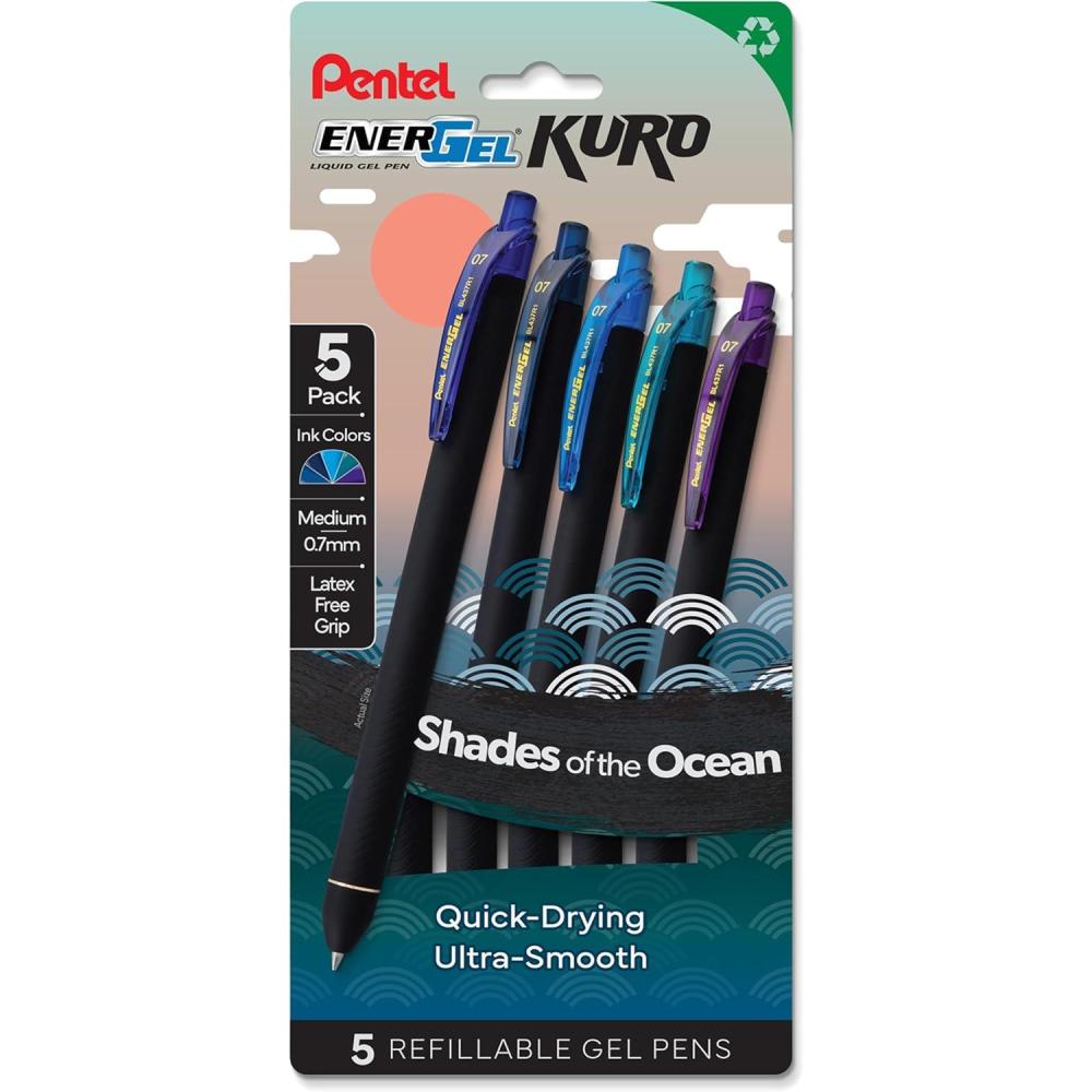 image:imagePentel EnerGel Kuro Shades of Leaves Retractable Liquid Gel Pen Assorted Ink Colors Pack of 5 BL437LVSPF5Shades of the Ocean
