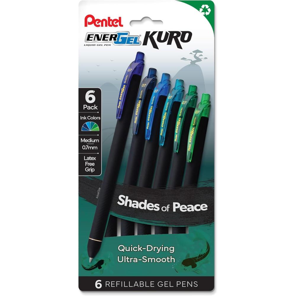 image:imagePentel EnerGel Kuro Shades of Peace Retractable Liquid Gel Pen Assorted Ink Colors Pack of 6 BL437PEAPF6Shades of Peace