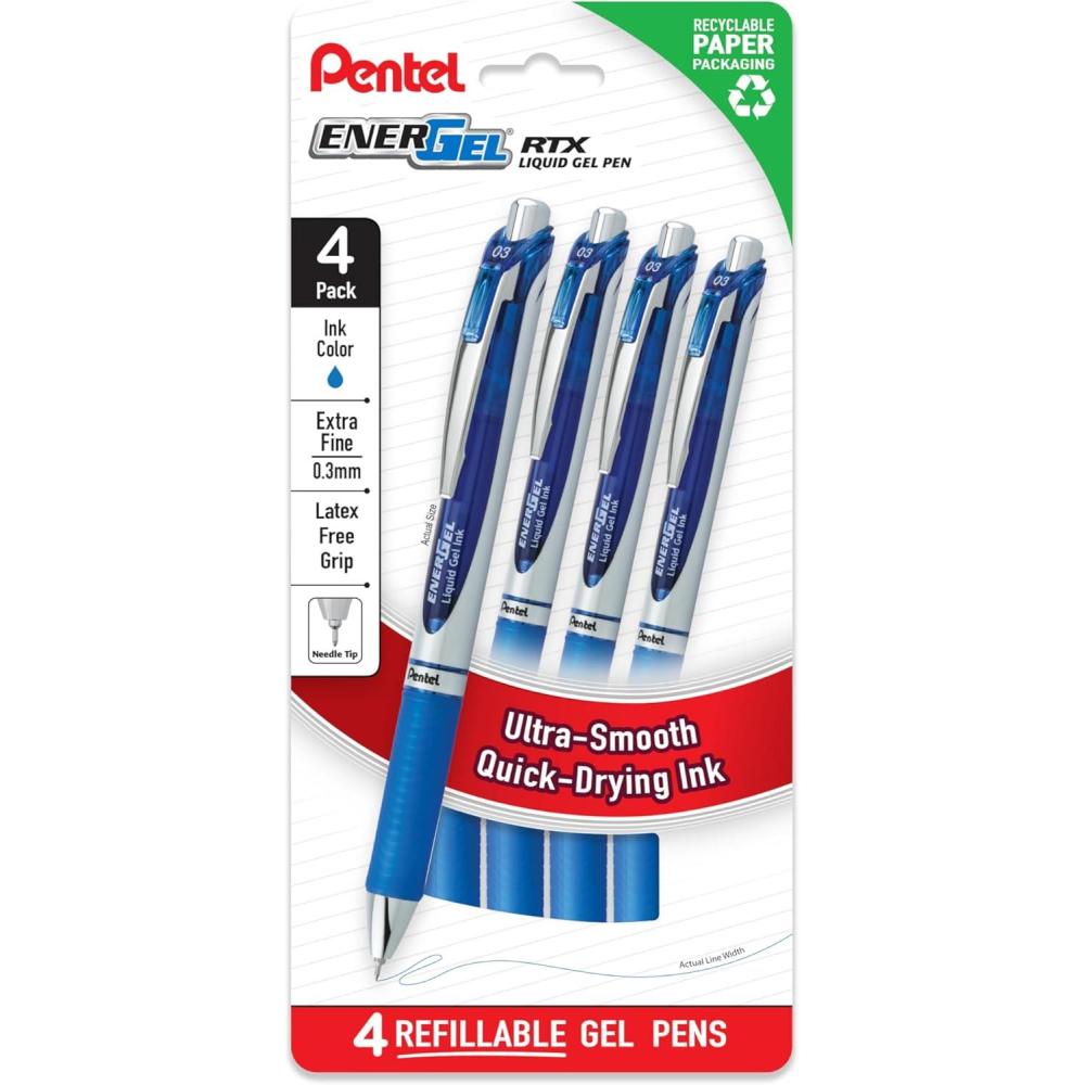 image:imagePentel EnerGel RTX Liquid Gel Pens Needle Tip UltraFine 03mm Black Ink 4pk BLN73PF4ABlue