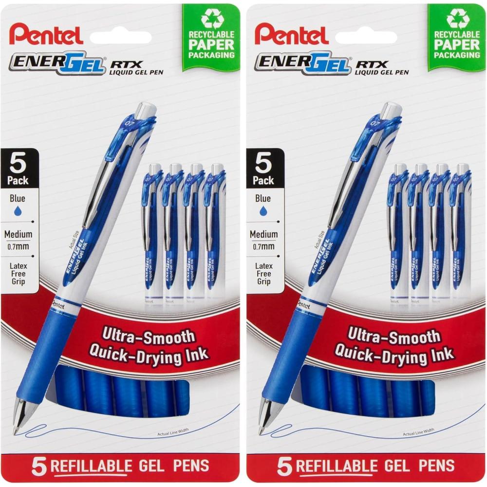 image:imagePentel EnerGel RTX Retractable Liquid Gel Pen 07mm Metal Tip Medium Line Blue Ink PlasticFree Packaging 5 Pack5 Count Pack of 2