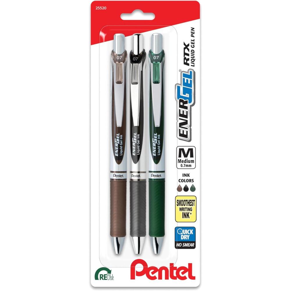 image:imagePentel EnerGel RTX Retractable Liquid Gel Pen 07mm Scholar Hue 2 Black and 1 Gray Ink Pack of 3 Pens BL77LEFBP3MCamo