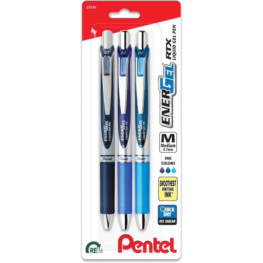 image:imagePentel EnerGel RTX Retractable Liquid Gel Pen 07mm Scholar Hue 2 Black and 1 Gray Ink Pack of 3 Pens BL77LEFBP3MNote Taking