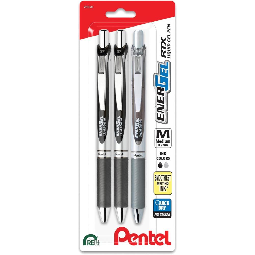 image:imagePentel EnerGel RTX Retractable Liquid Gel Pen 07mm Scholar Hue 2 Black and 1 Gray Ink Pack of 3 Pens BL77LEFBP3MScholar