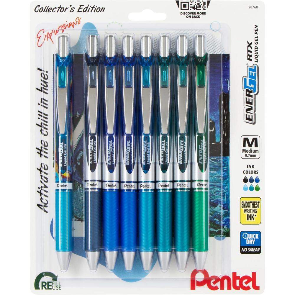 image:imagePentel EnerGel RTX Retractable Liquid Gel Pen Happiness Expressions Pack 07mm Metal Tip Medium Line Assorted Ink Pack of 8 Pens BL77XHAPBP8MChill