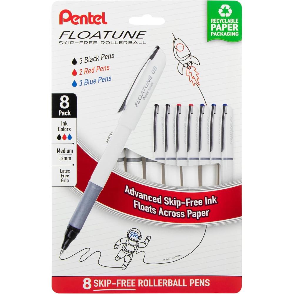 image:imagePentel Floatune Rollerball 08mm medium point Blue Ink Pack of 8 pens BY108PF8CBlack Red Blue