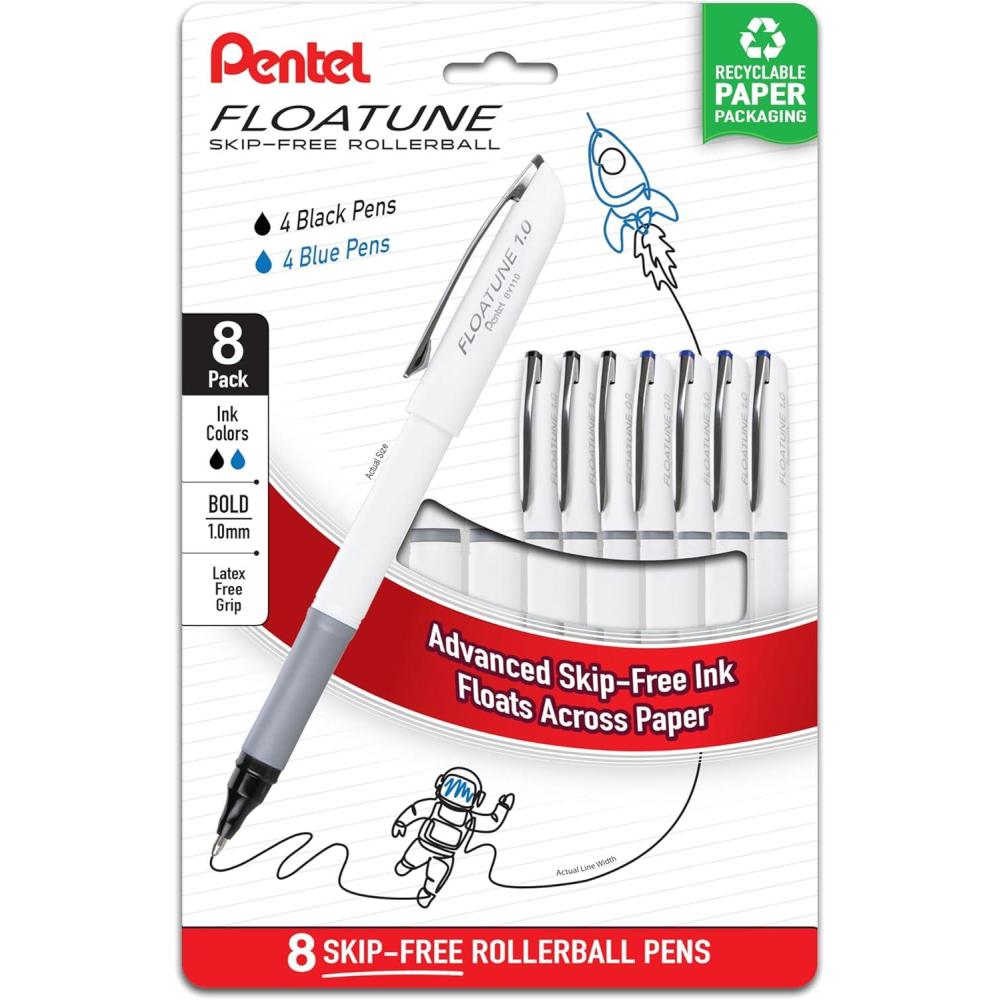 image:imagePentel Floatune Rollerball Pen 10mm Bold Point BlackBlue Ink Pack of 8 BY110PF8AC