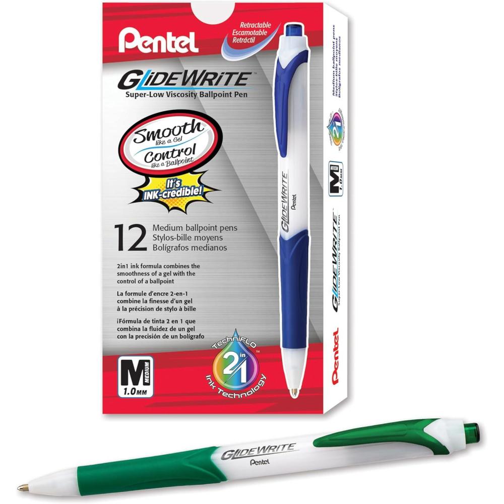 image:imagePentel GlideWrite Ballpoint Pen with TechniFlo Ink 10mm Medium Line Black Ink Pack of 6 BX910BP6AGreen