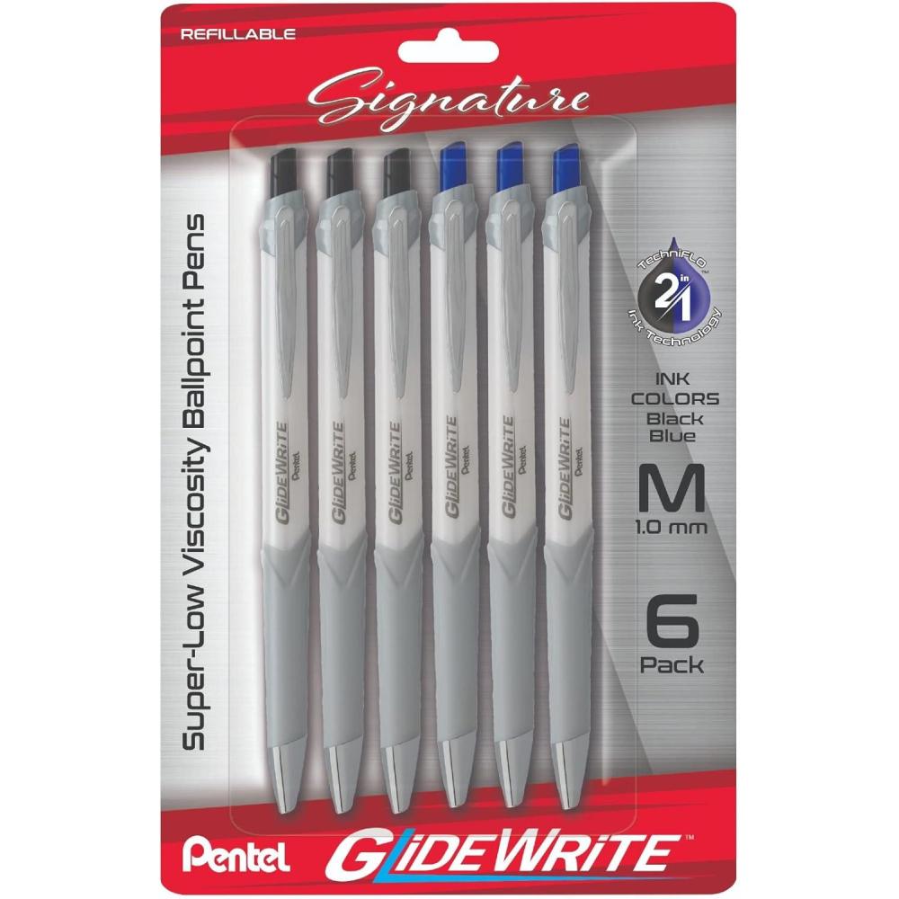 image:imagePentel Glidewrite Signature Ballpoint Pen with Smooth TechniFlo Ink 10mm Medium Point 6Pack of 3 Black Ink amp 3 Blue Ink Pens