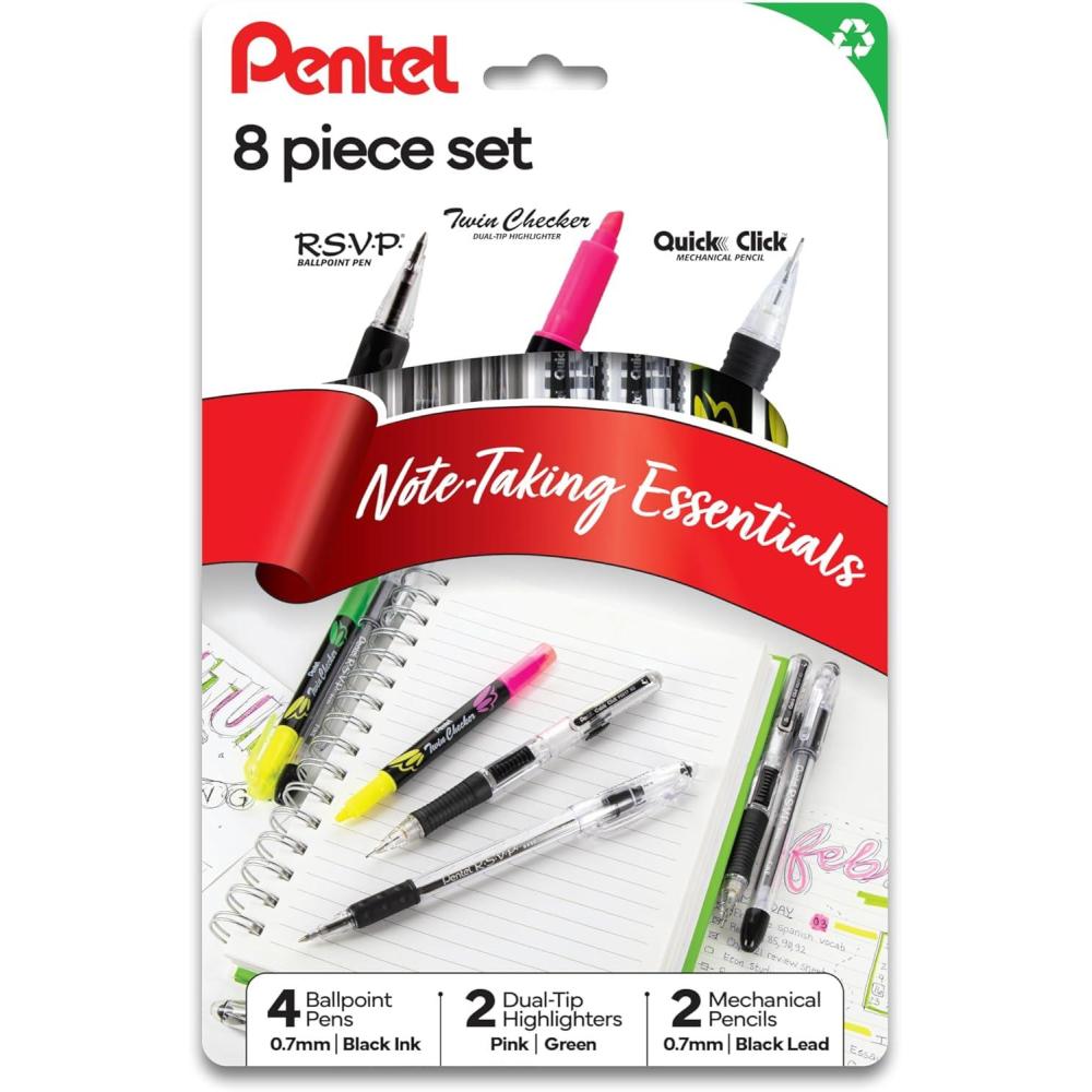 image:imagePentel Note Taking Essentials 8 pack 4 black RSVP 07mm ballpoint pens 2 Twin Checker Highlighters 2 Quick Click 07mm Mechanical Pencils