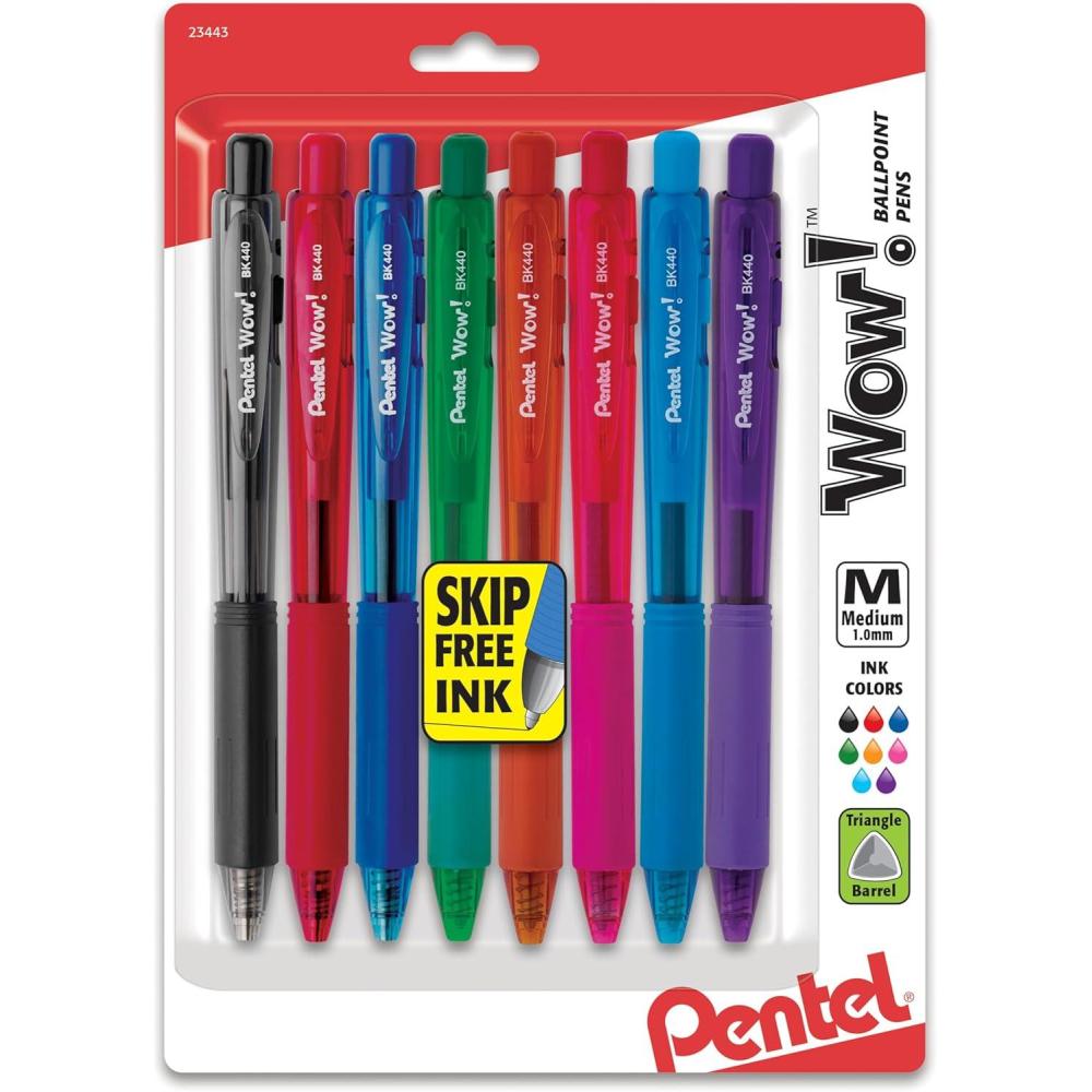 image:imagePentel Wow Retractable Ballpoint Pens 10mm Medium Line Assorted Ink Colors Pack of 8 BK440BP8M