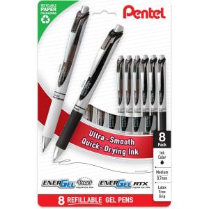image:imagePentel EnerGel RTX and Pearl Retractable Liquid Gel Pen 07mm Metal Tip Medium Line Black Ink PlasticFree 8Pk BL77PWPF8A