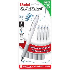 image:imagePentel Floatune Retractable Rollerball 10mm Bold Point Black Ink 5pk BY210PF5ABlue