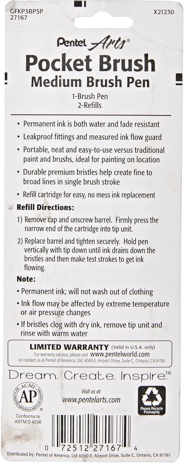 image:imagePentel Arts Pocket Brush Pigment Ink Pen wRefills 1 Pocket Brush Pen 2 Pigment Ink Refills Sepia GFKP3BPSP Black