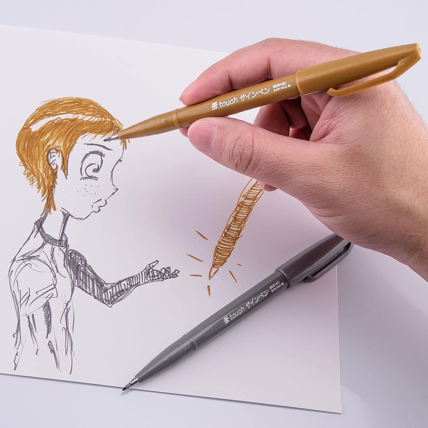 image:imagePentel Arts Sign Pen Touch Fude Brush Tip GoldSilver Pack of 2 SES15CBPXZGoldSilver