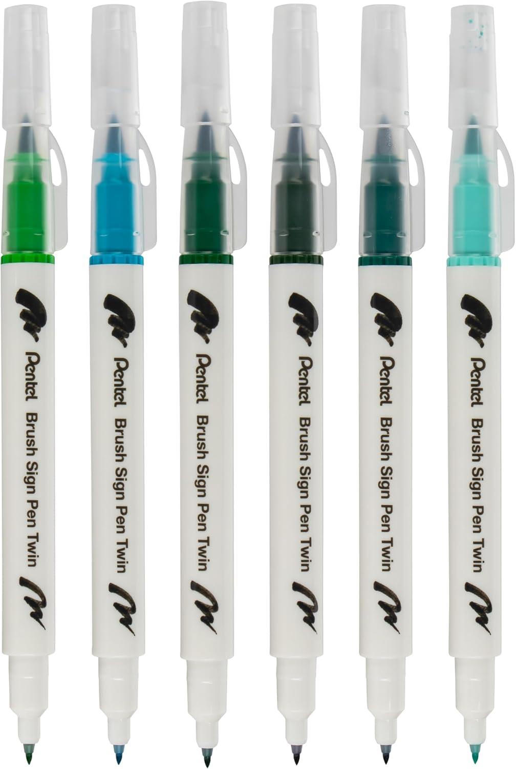 image:imagePentel Arts Sign Pen Twin Brush Pack of 6 Pens Green Hues SESW30CPC63