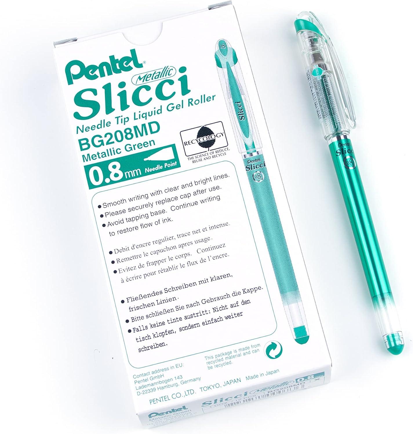 image:imagePentel Arts Slicci 08mm Needle Tip Medium Gel Pen Silver Metallic Ink BG208Z 12 PackGreen