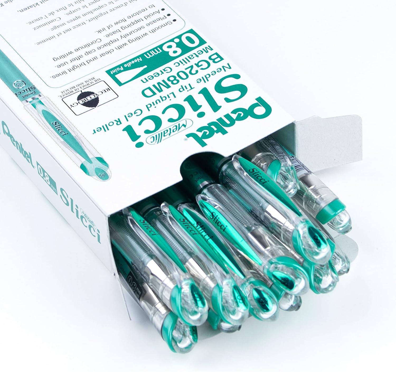 image:imagePentel Arts Slicci 08mm Needle Tip Medium Gel Pen Silver Metallic Ink BG208Z 12 PackGreen