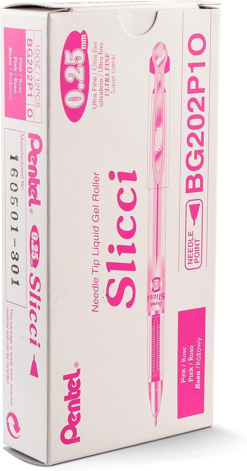 image:imagePentel Arts Slicci 08mm Needle Tip Medium Gel Pen Silver Metallic Ink BG208Z 12 PackPink