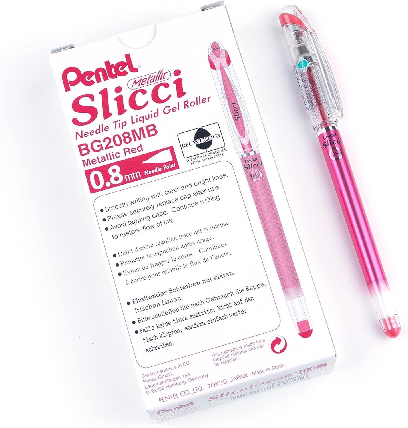 image:imagePentel Arts Slicci 08mm Needle Tip Medium Gel Pen Silver Metallic Ink BG208Z 12 PackRed