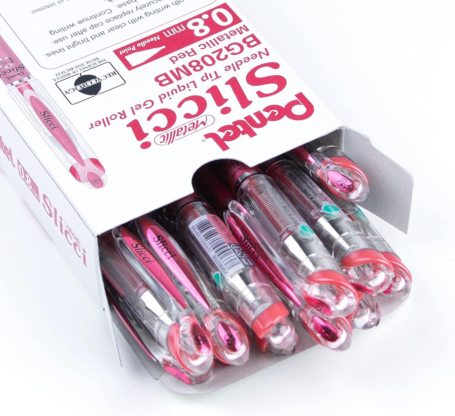 image:imagePentel Arts Slicci 08mm Needle Tip Medium Gel Pen Silver Metallic Ink BG208Z 12 PackRed