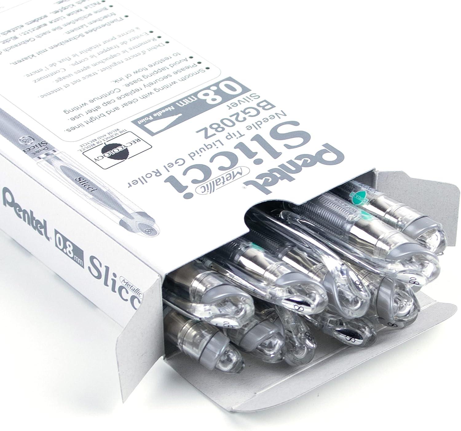 image:imagePentel Arts Slicci 08mm Needle Tip Medium Gel Pen Silver Metallic Ink BG208Z 12 PackSilver