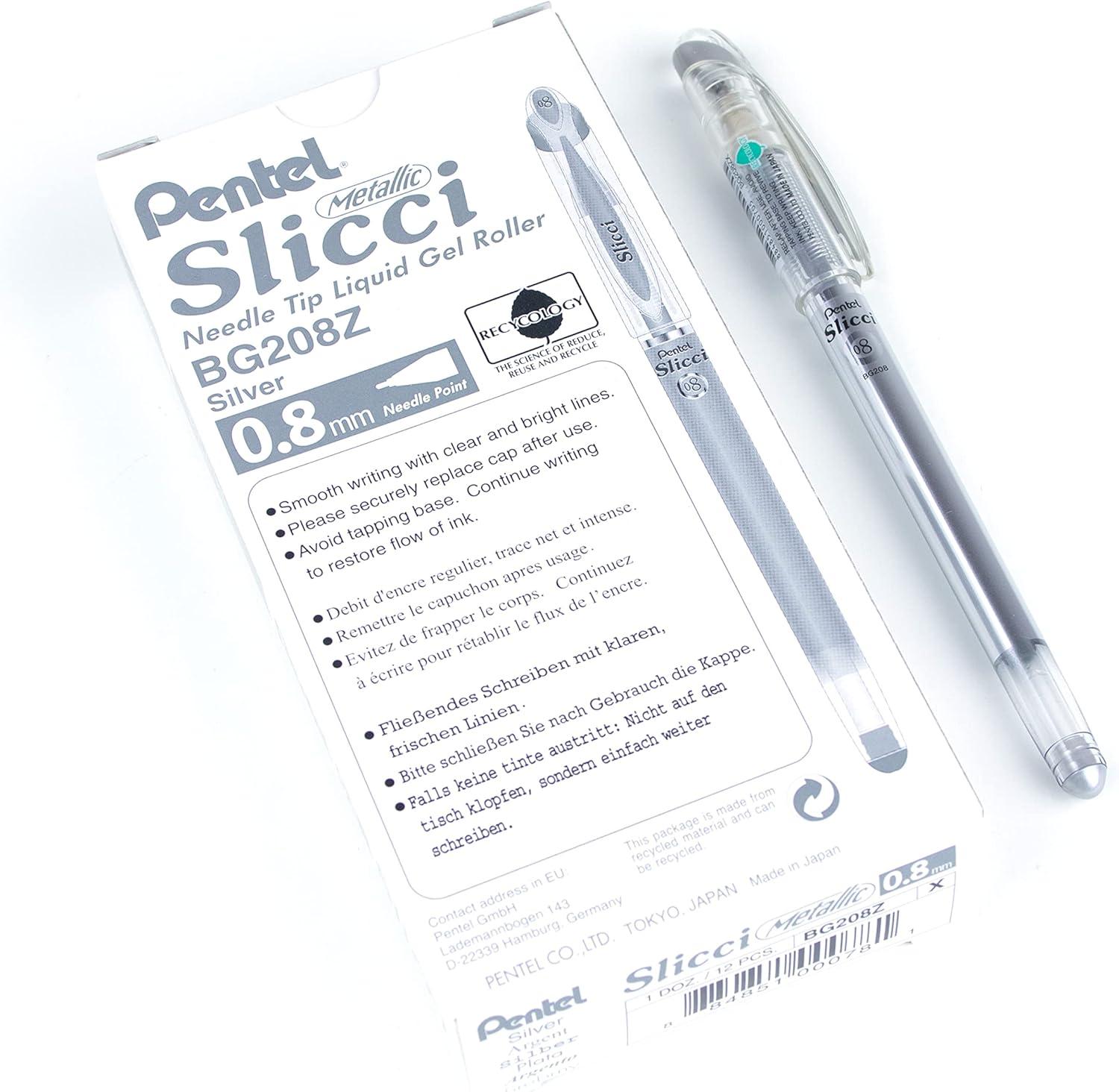 image:imagePentel Arts Slicci 08mm Needle Tip Medium Gel Pen Silver Metallic Ink BG208Z 12 PackSilver