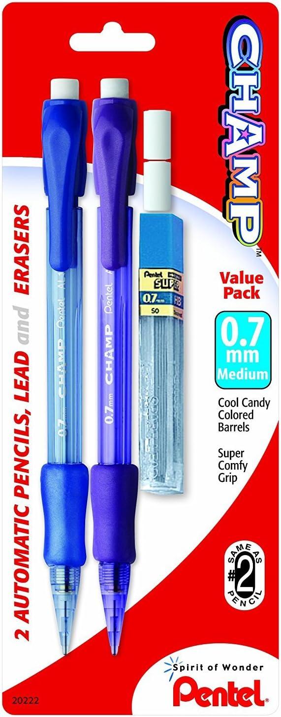 image:imagePentel Champ Mechanical Pencil with Lead and 2 Erasers 07mm Assorted Barrels Barrel Color May Vary 2 Pack AL17LEBP2