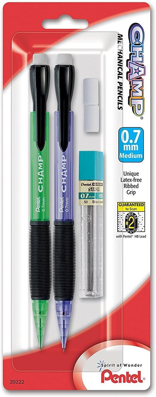 image:imagePentel Champ Mechanical Pencil with Lead and 2 Erasers 07mm Assorted Barrels Barrel Color May Vary 2 Pack AL17LEBP2
