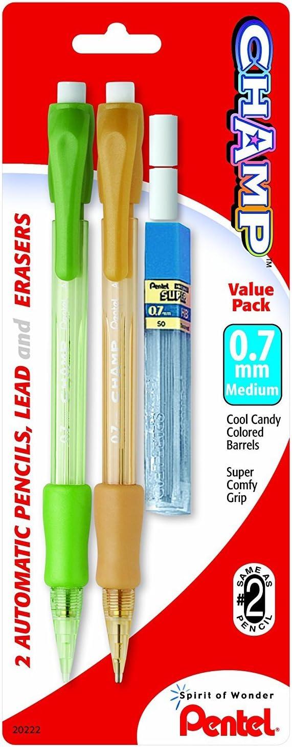 image:imagePentel Champ Mechanical Pencil with Lead and 2 Erasers 07mm Assorted Barrels Barrel Color May Vary 2 Pack AL17LEBP2