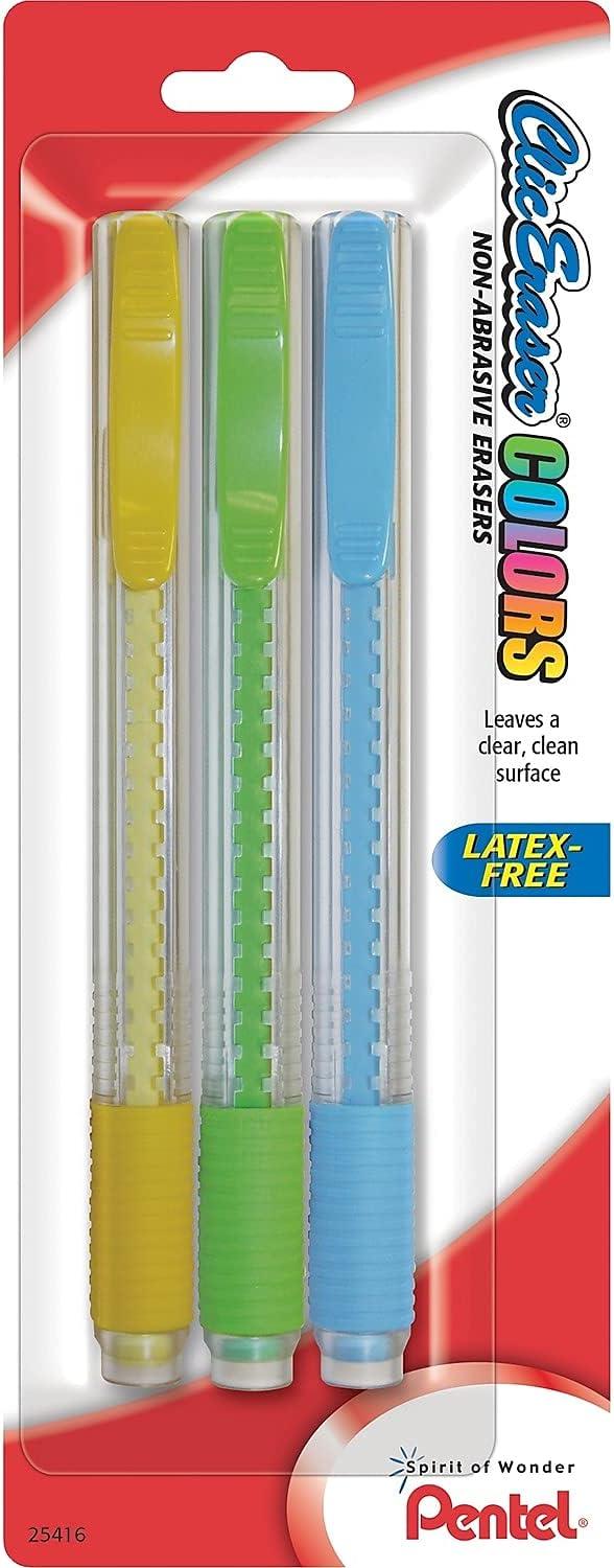 image:imagePentel Clic Retractable Eraser with Grip Assorted Barrel Colors ZE21BP3M Pack of 3Assorted Mix
