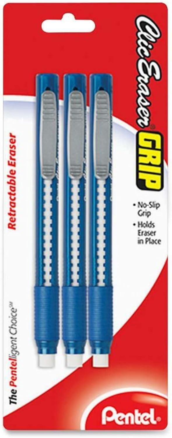 image:imagePentel Clic Retractable Eraser with Grip Assorted Barrel Colors ZE21BP3M Pack of 3Black Blue