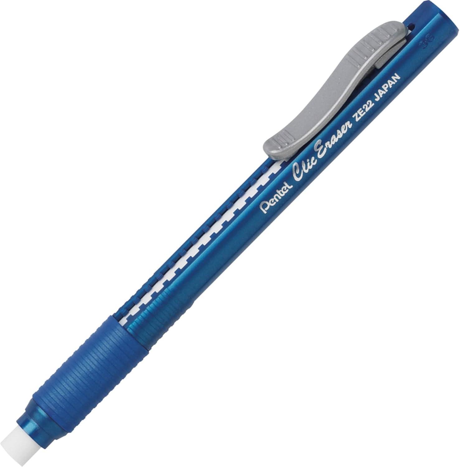 image:imagePentel Clic Retractable Eraser with Grip Assorted Barrel Colors ZE21BP3M Pack of 3Black Blue