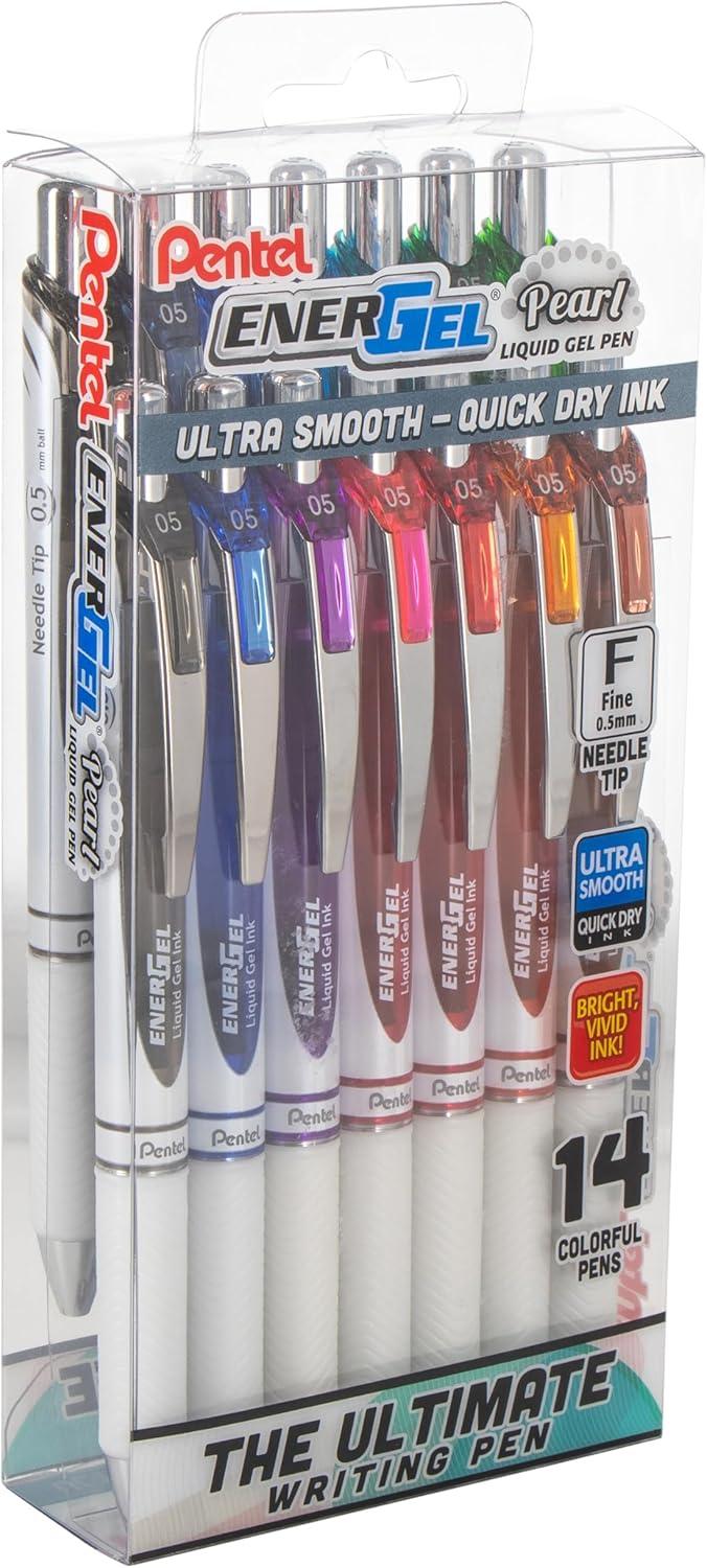 image:imagePentel EnerGel RTX Pearl Liquid Gel Pen 05mm Needle Tip Fine Line Asstd Ink 14Pk Plastic Box