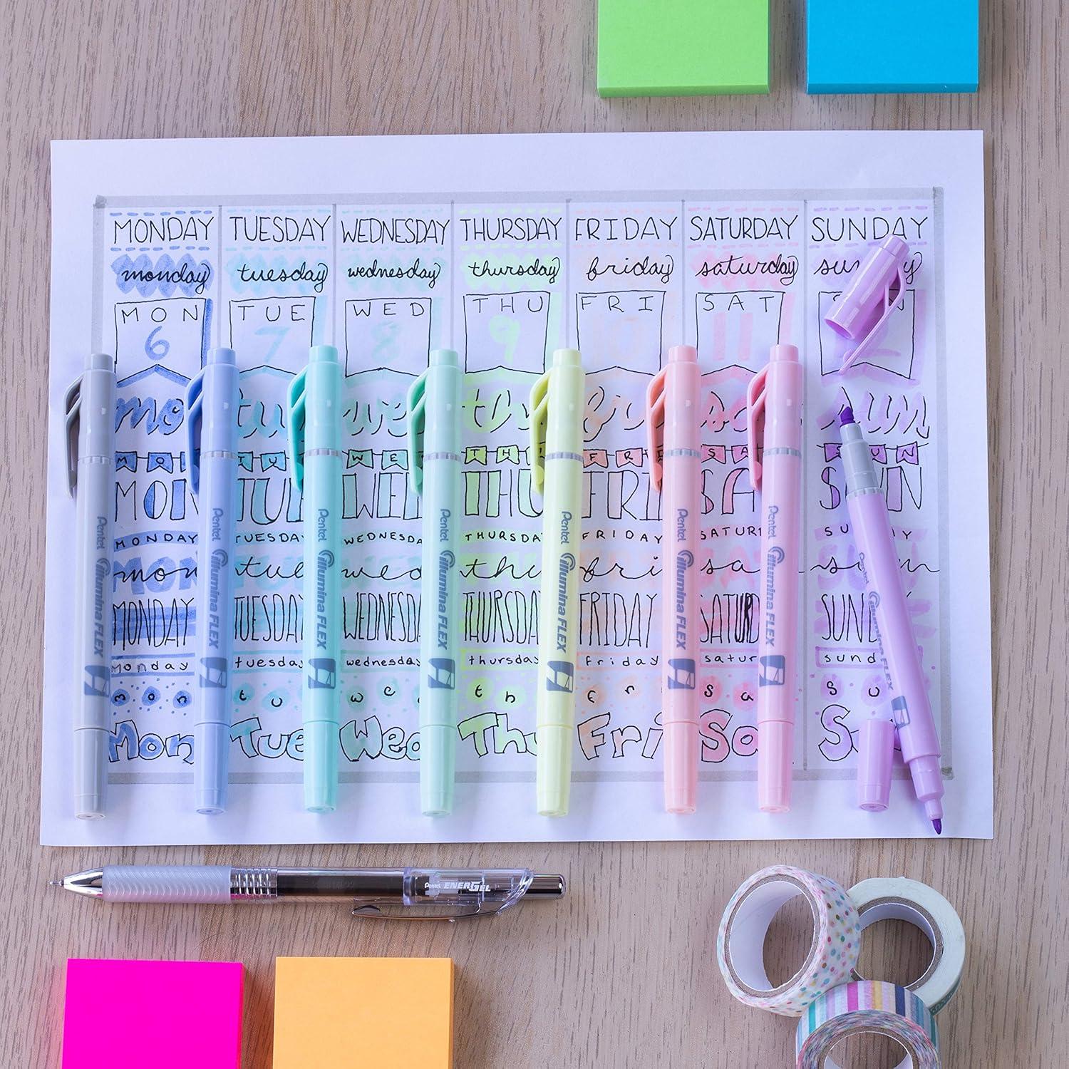 image:imagePentel Illumina Flex Twin Tip Highlighter DualTip Marker Highlighter Flex Tip and Chisel 8 Asstorted Pastel Ink Colors Pack of 8 SLW11P8E