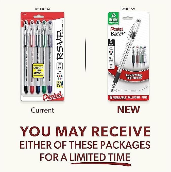 image:imagePentel RSVP Ballpoint Pen Fine Line 07mm Assorted Ink Pack of 5 BK90BP5MAssorted