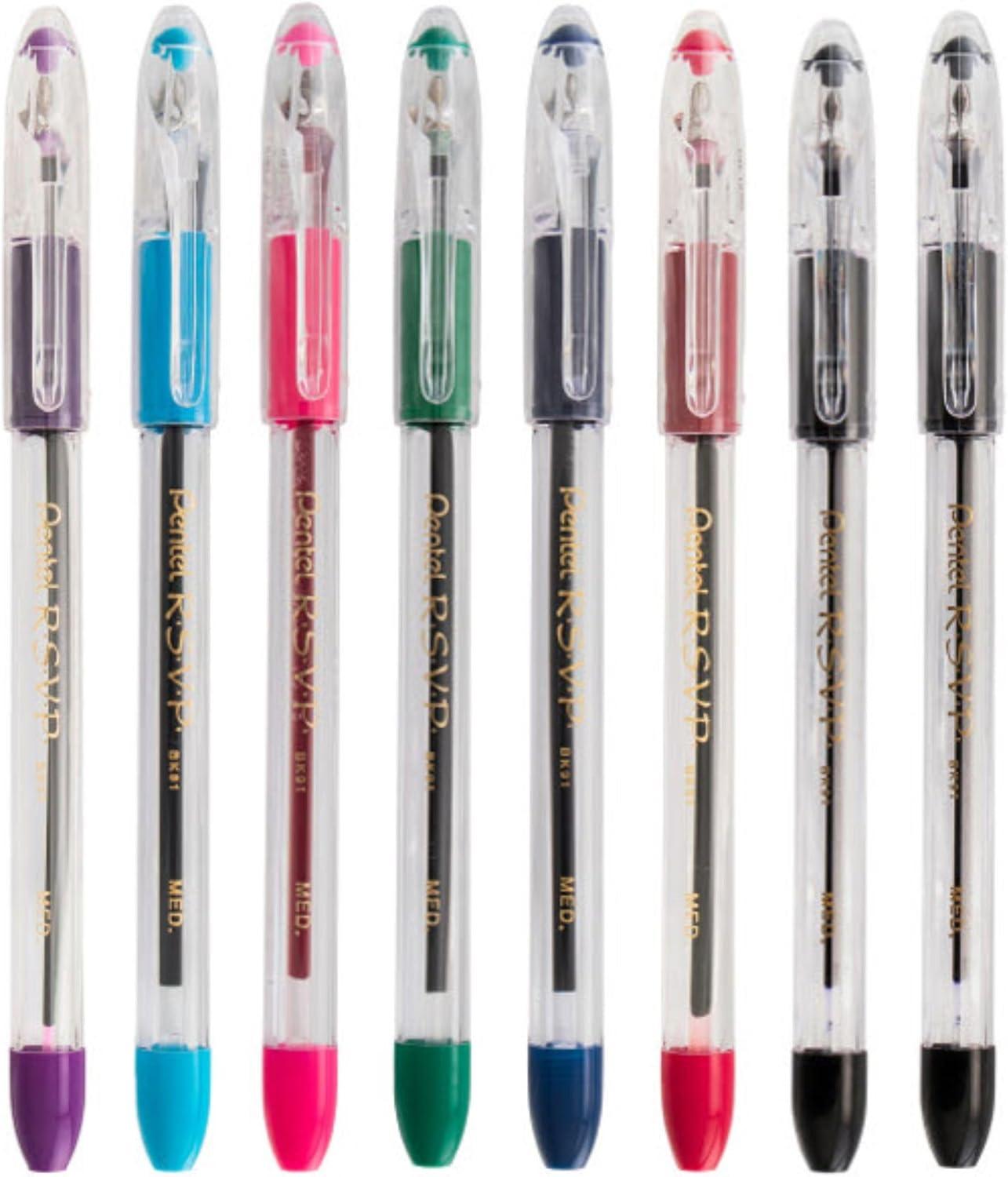 image:imagePentel RSVP Original Ballpoint Pen 10mm Medium Line Assorted Ink Colors Clear Barrel 8 Pack with Bonus Black Ink Pen
