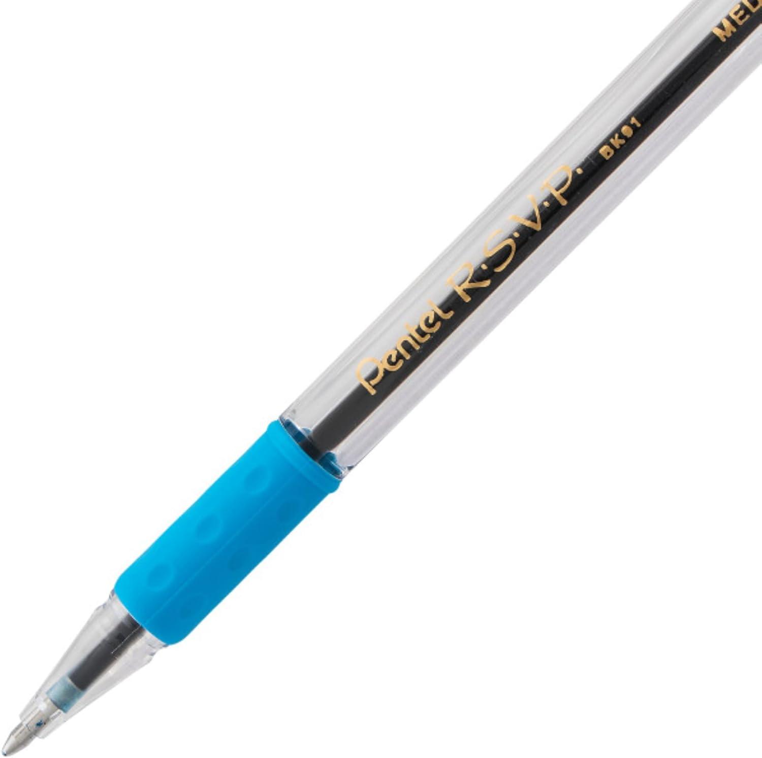 image:imagePentel RSVP Original Ballpoint Pen 10mm Medium Line Assorted Ink Colors Clear Barrel 8 Pack with Bonus Black Ink Pen