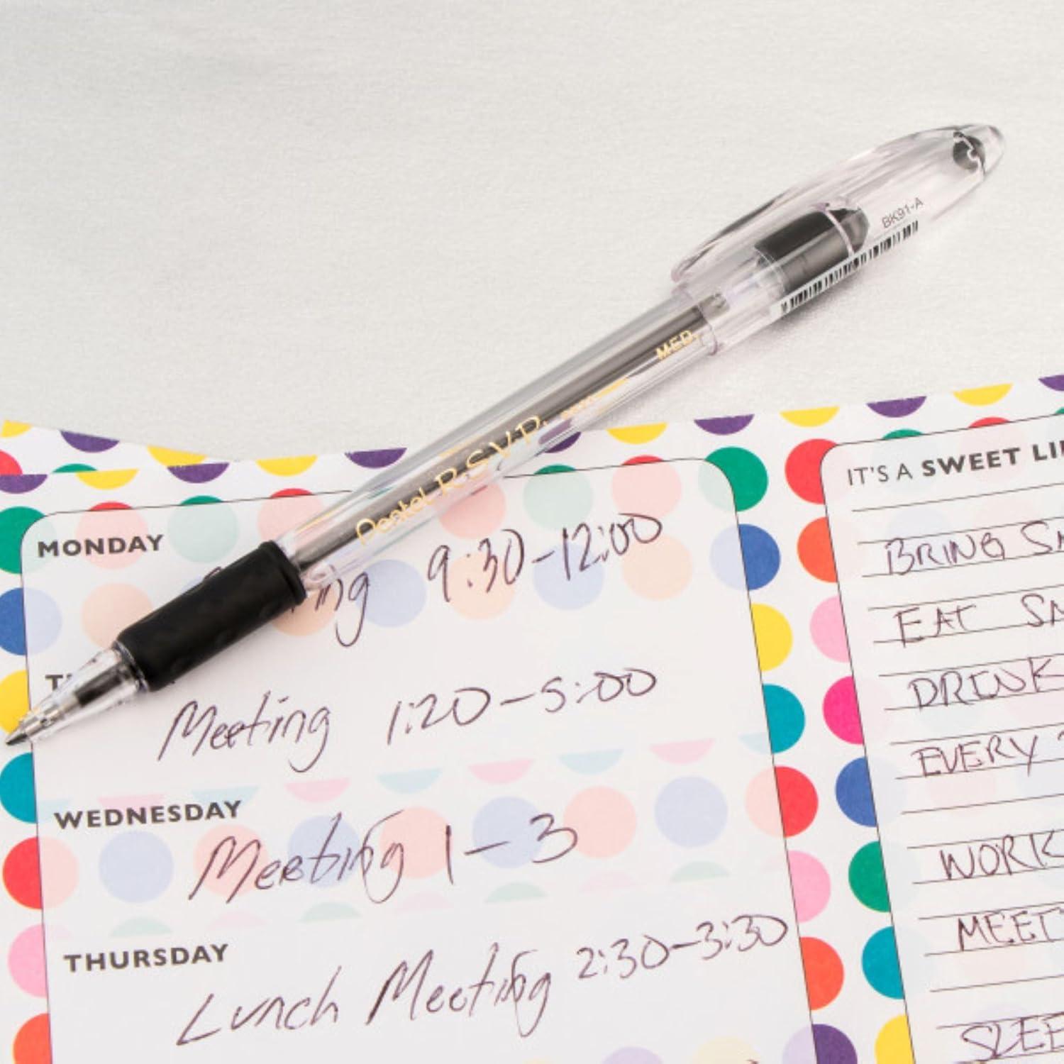 image:imagePentel RSVP Original Ballpoint Pen 10mm Medium Line Assorted Ink Colors Clear Barrel 8 Pack with Bonus Black Ink Pen
