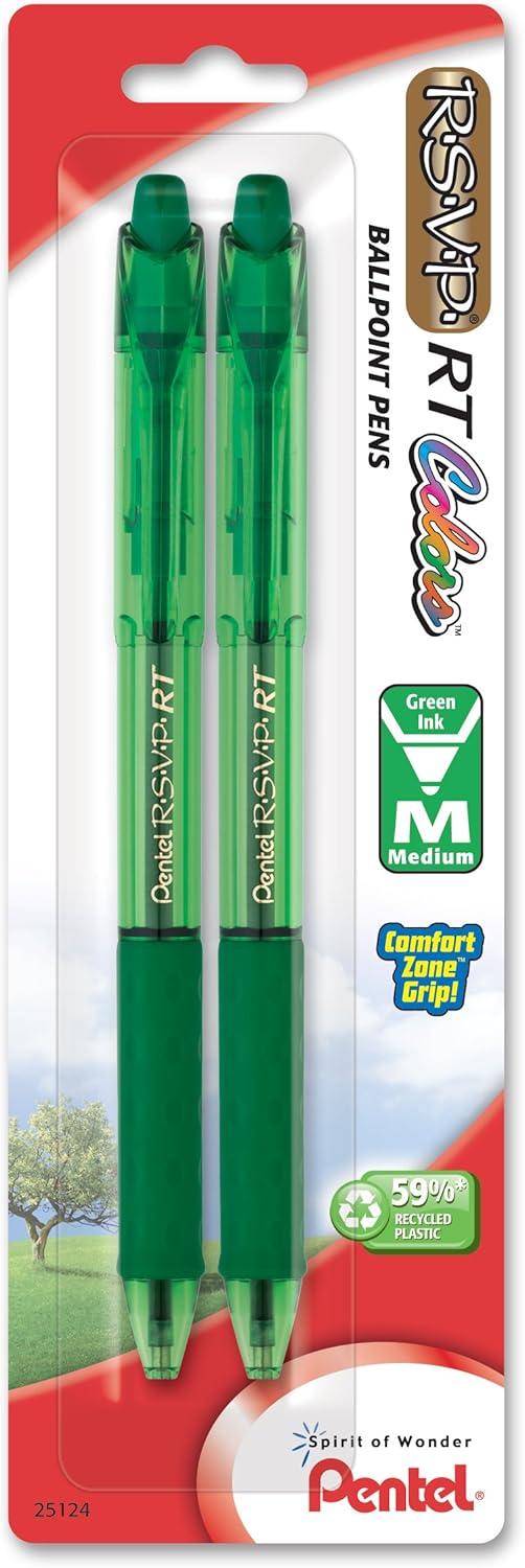 image:imagePentel RSVP RT Colors Retractable Ballpoint Pen 10mm Medium Line Barrel Pink Ink Box of 12 BK93CRPPGreen