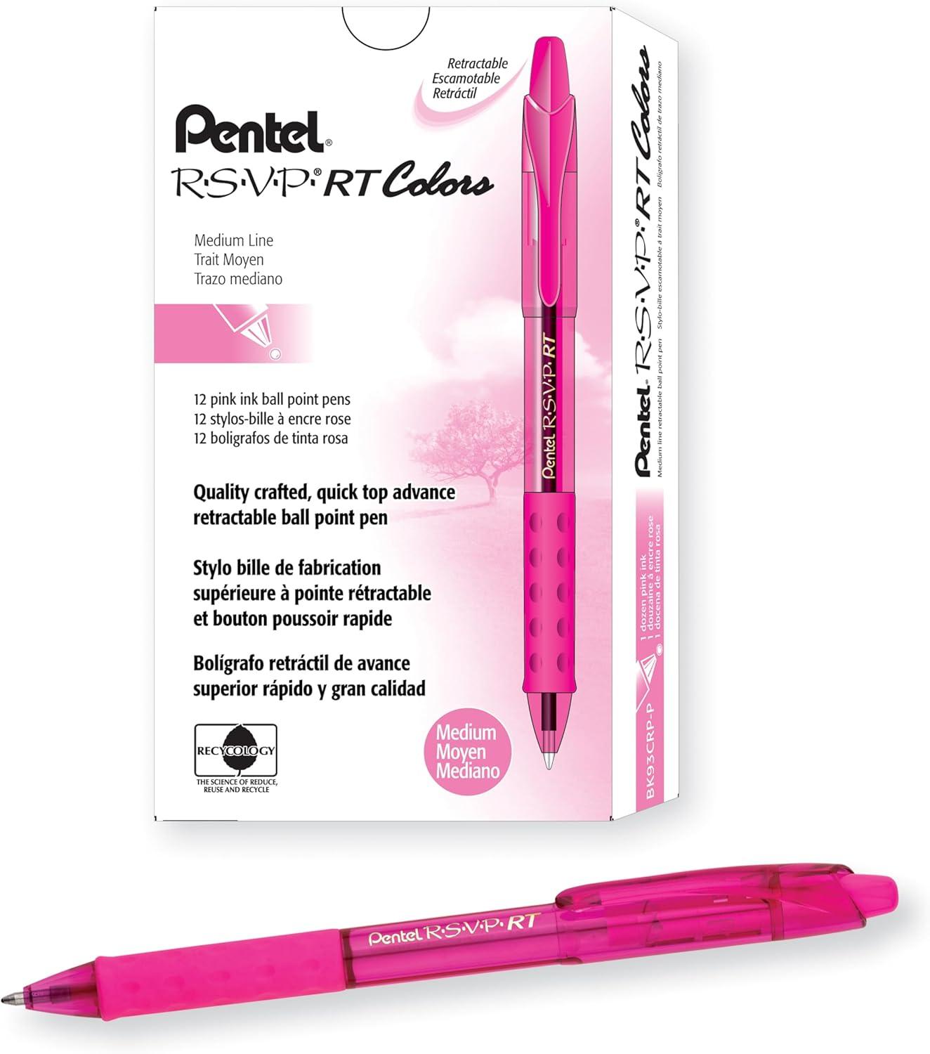 image:imagePentel RSVP RT Colors Retractable Ballpoint Pen 10mm Medium Line Barrel Pink Ink Box of 12 BK93CRPPPink