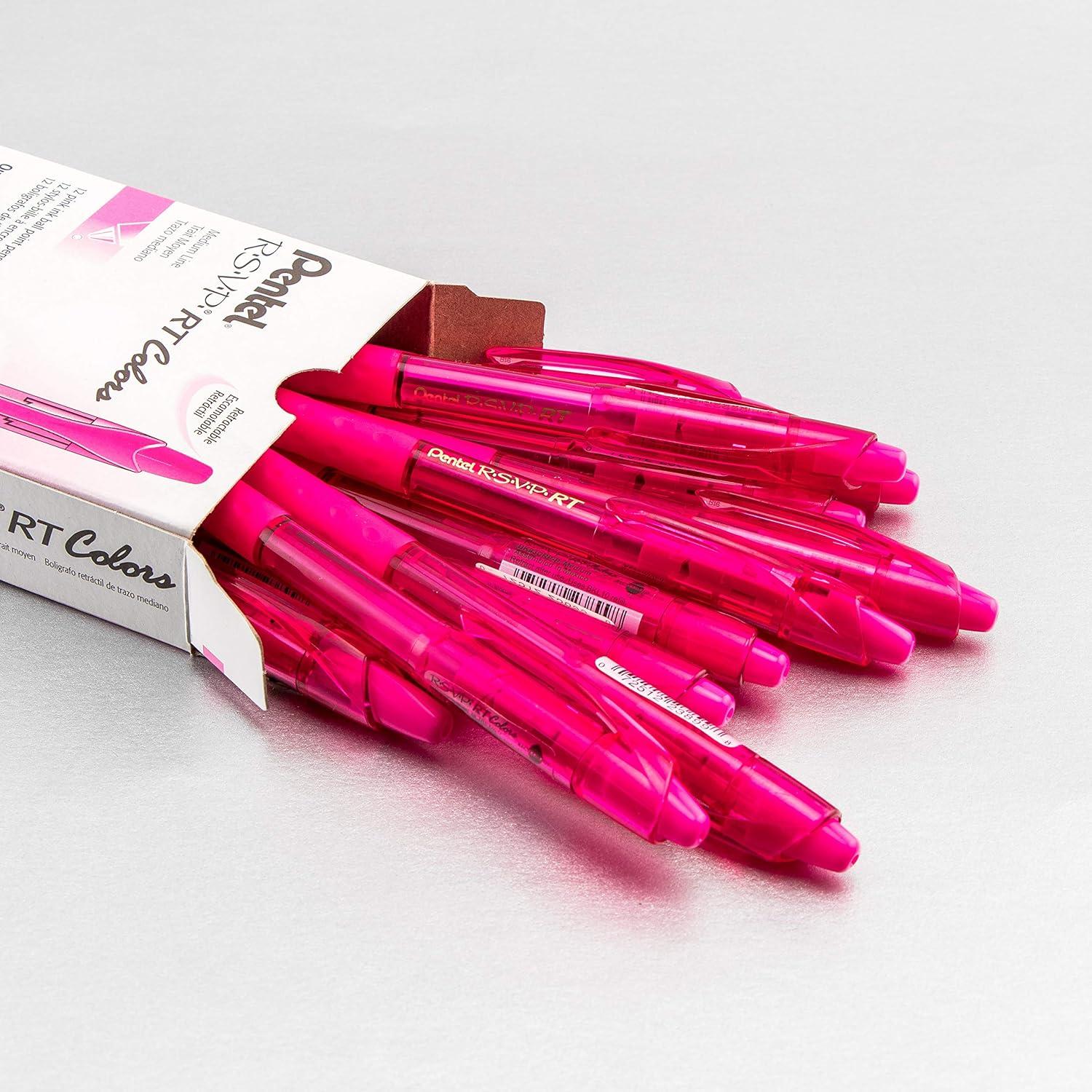 image:imagePentel RSVP RT Colors Retractable Ballpoint Pen 10mm Medium Line Barrel Pink Ink Box of 12 BK93CRPPPink