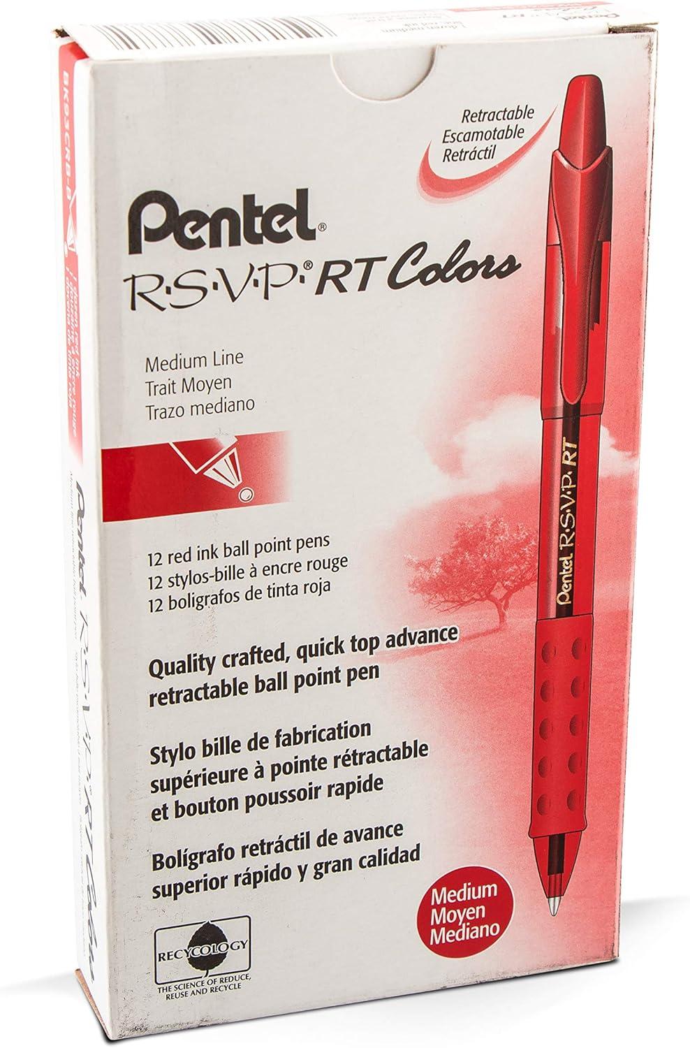 image:imagePentel RSVP RT Colors Retractable Ballpoint Pen 10mm Medium Line Barrel Pink Ink Box of 12 BK93CRPPRed