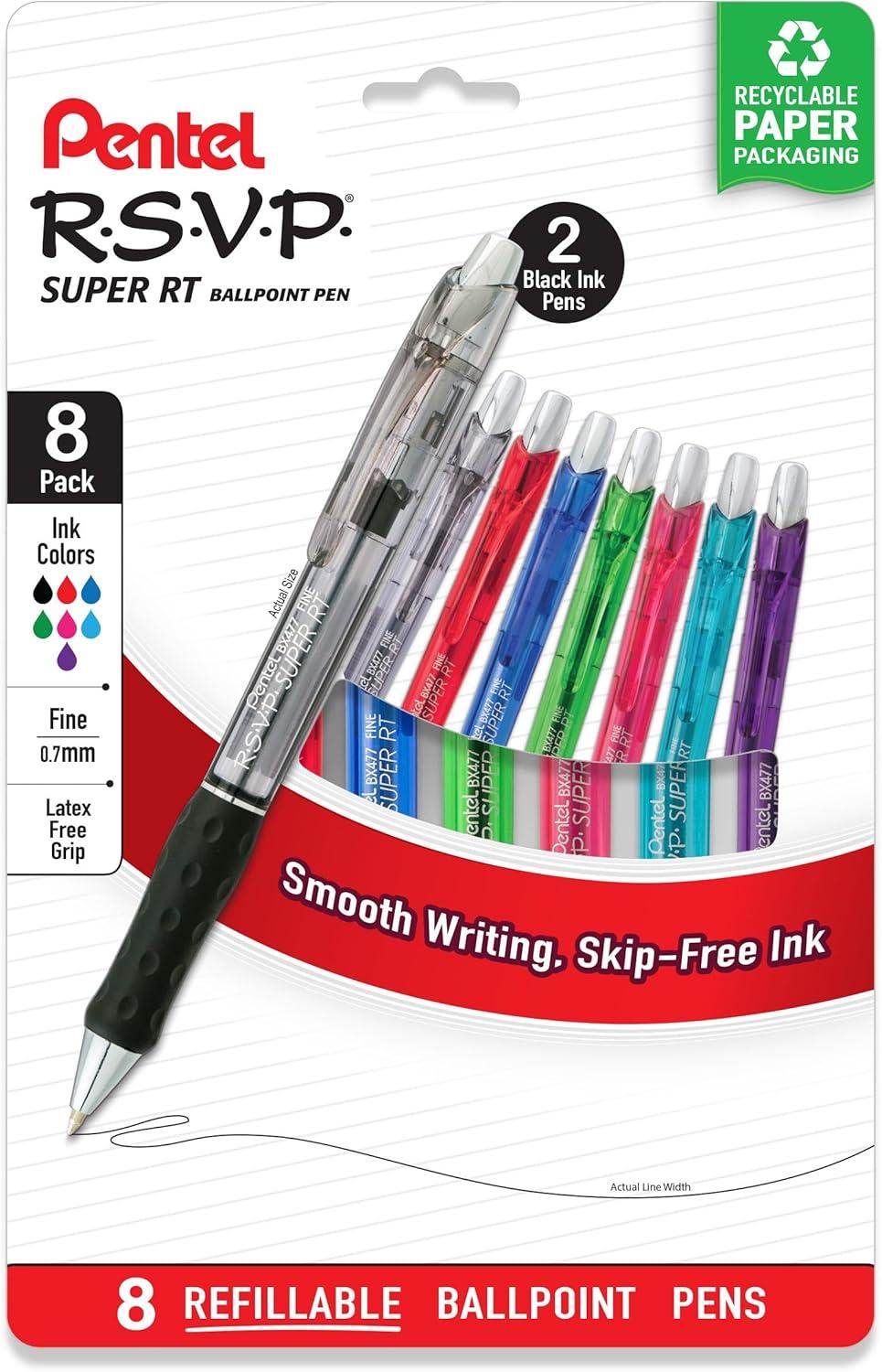 image:imagePentel RSVP Super RT Ballpoint Pen 07mm Fine Line Assorted Ink Colors 8 Pack with Bonus Black Ink Pen