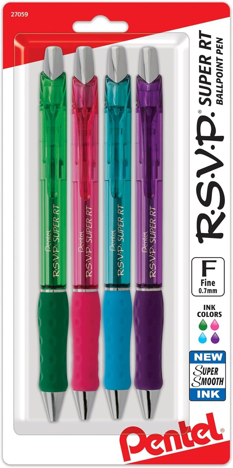 image:imagePentel RSVP Super RT Ballpoint Pen 07mm Fine Line Assorted Ink Pack of 4 BX477BP4M1Multicolor